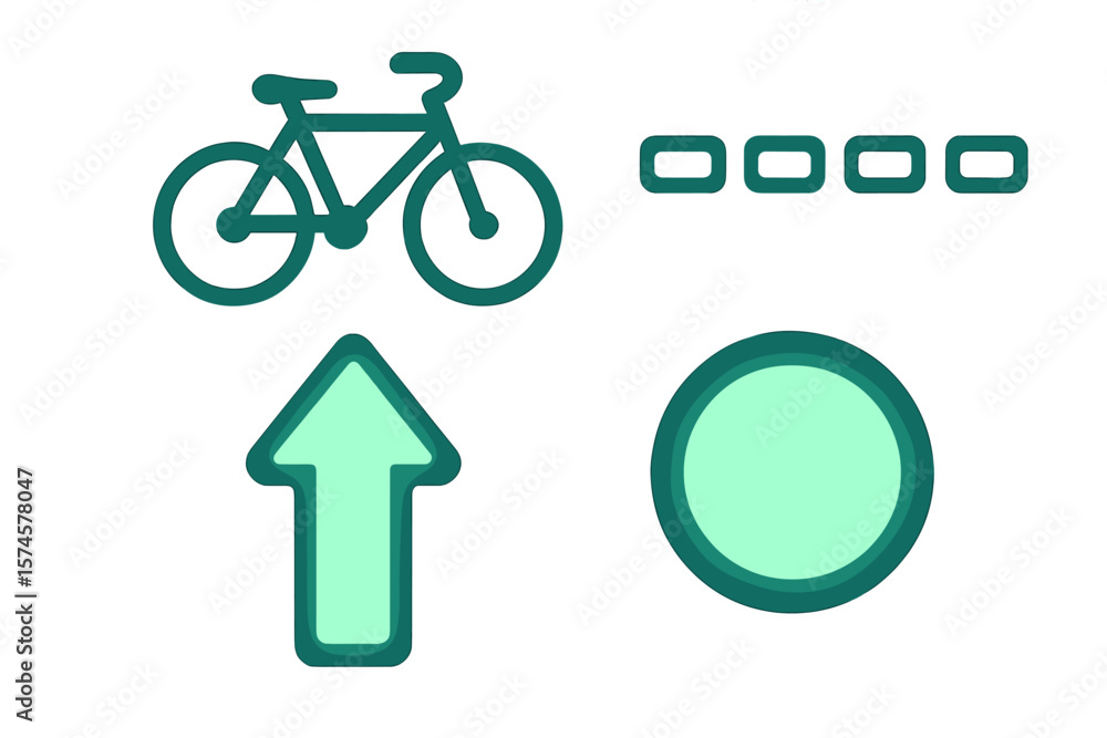 Poster icons representing cycling, directional navigation, and graphical elements on a simplistic backgroun