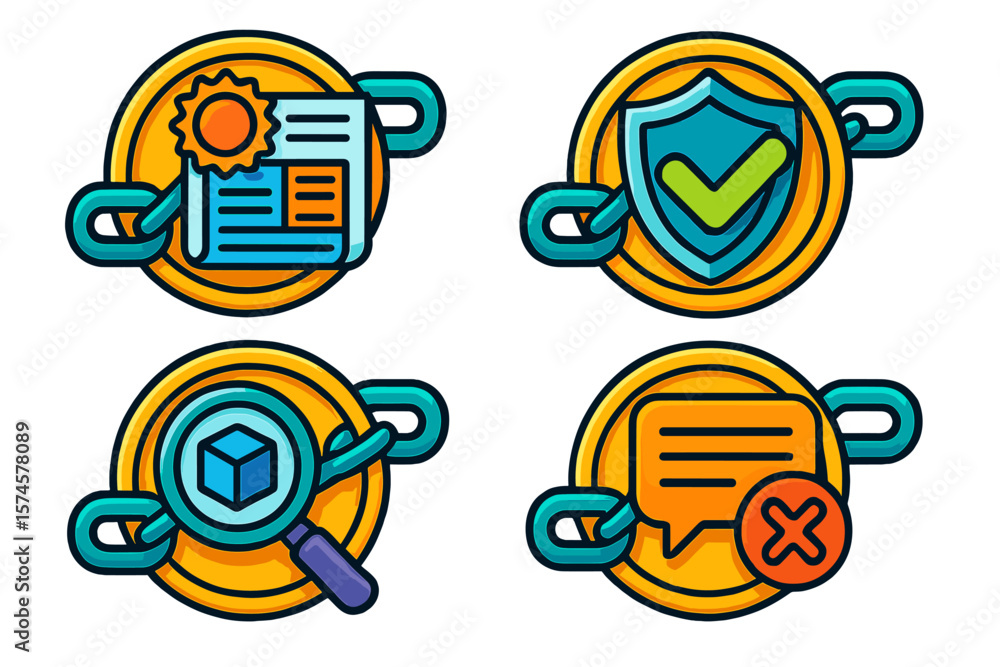 Poster icons representing various digital security features and functionalities within a tech context