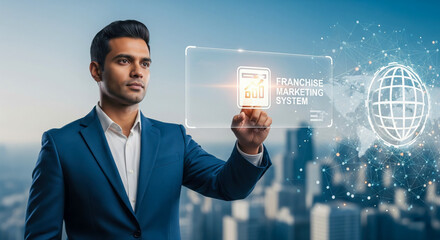 Businessman Interacting With Franchise Marketing System Interface