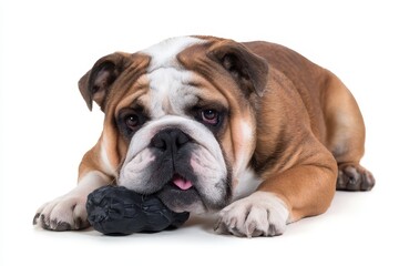 Dog With Chew Toy. Renascence Bulldog Playing with Black Toy, Isolated on White Background
