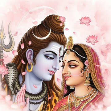 Shiv Parvati Indian Art &ndash; Love Pose with Lotus Petals (1:1)