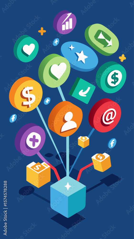 Poster a blue background with a bunch of different colored circles with dollar signs in the middle. the cir