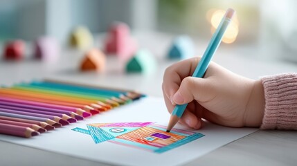 A child's hand drawing a colorful house with colored pencils on white paper, a creative and playful illustration.