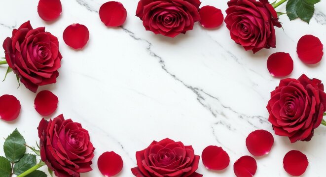 Romantic Red Roses Frame - Elegant red roses and petals arranged in a heart shape on a marble background, symbolizing love, passion, beauty, romance, and celebration - Powered by Adobe