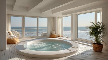 Obraz na płótnie Canvas A serene, sunlit room featuring a jacuzzi overlooking the ocean, evoking relaxation and luxury.