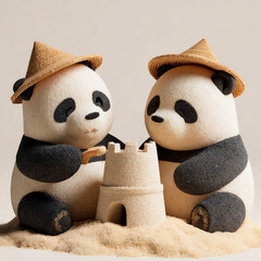 Two cute cartoon pandas wearing straw hats building a sandcastle together on the beach