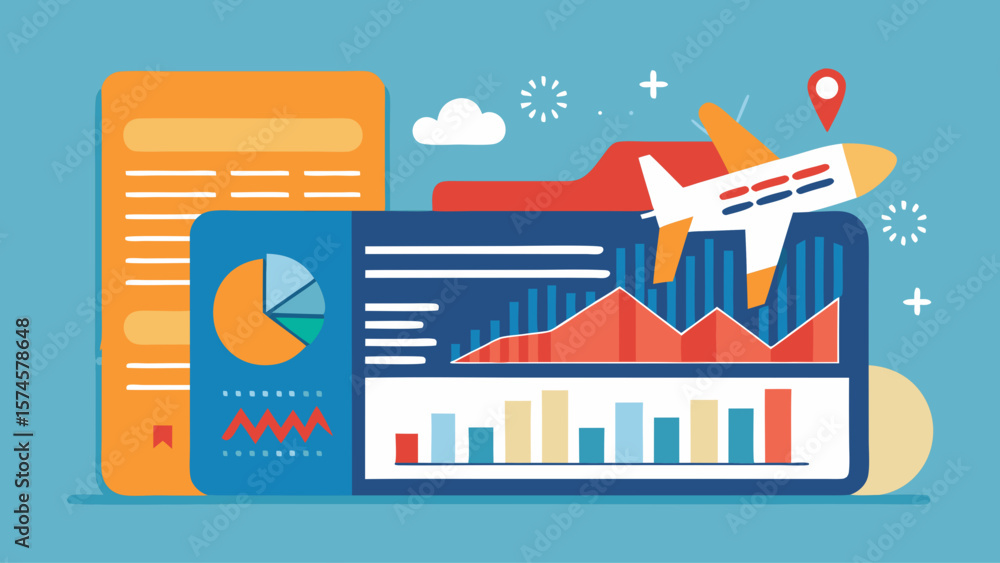 Poster a blue and orange background with a plane and a graph. the graph is showing a trend of something, an