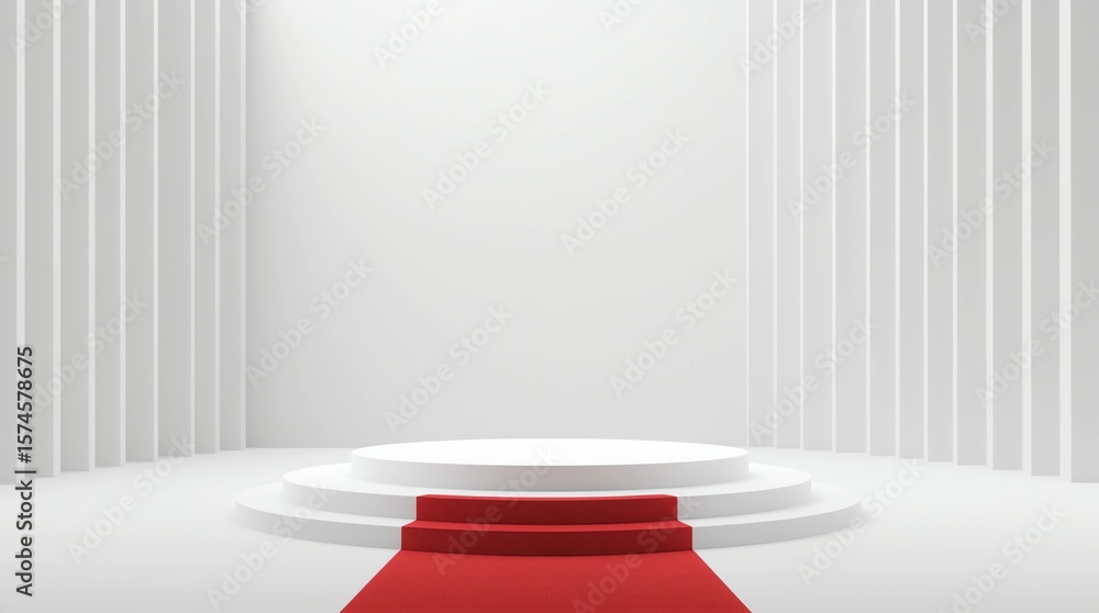 Poster empty podium or pedestal display on white background with red carpet and exclusive concept. blank pr