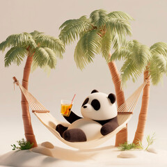 Cartoon panda relaxing in a hammock between palm trees on a sandy beach holding a refreshing drink with a straw