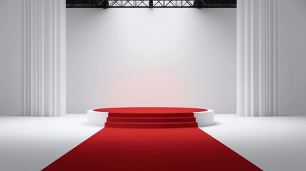 Empty podium or pedestal display on white background with red carpet and exclusive concept. Blank product shelf standing backdrop. 3D rendering 