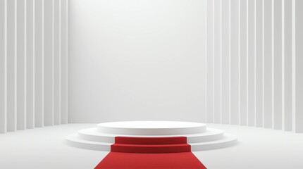 Empty podium or pedestal display on white background with red carpet and exclusive concept. Blank product shelf standing backdrop. 3D rendering 