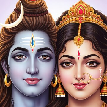 Modern Shiv Parvati Face Close-Up &ndash; Digital Painting (1:1)