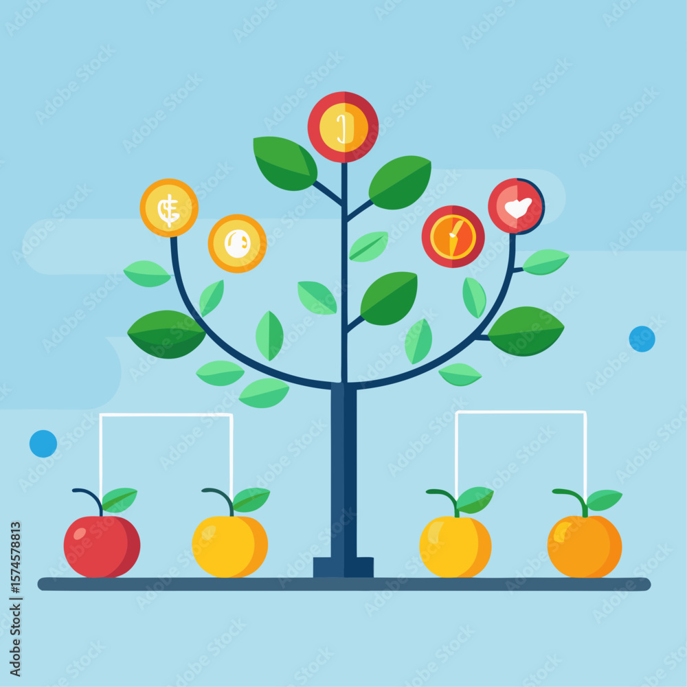 Poster a tree with apples and coins on it. the tree is a symbol of growth and prosperity. the apples repres