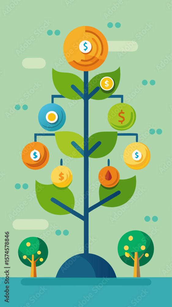 Poster a tree with apples and coins on it. the tree is a symbol of growth and prosperity. the apples repres
