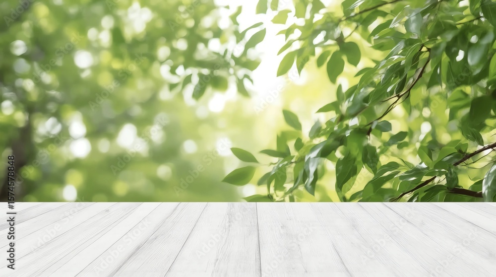 Poster empty wood table top and blurred green tree in the park garden background - can used for display or 