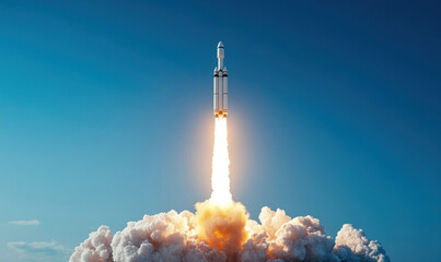 A rocket ship blasting off into the blue sky, leaving behind a trail of fire and smoke during its launch.