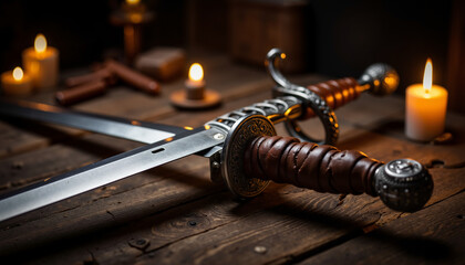 Antique sword on wooden table with candles in dim lighting  