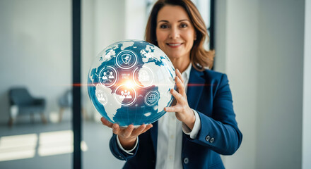 Businesswoman Holding Digital Globe With Icons