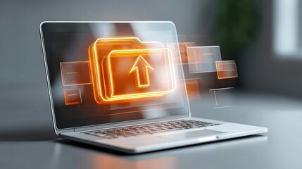 A laptop displays a glowing folder icon with an upward arrow, symbolizing data upload against a blurred background.
