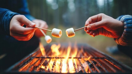 Two people roasting marshmallows over a campfire. The flames dance around the grill, creating a cozy, inviting atmosphere.