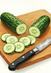 Sliced Cucumbers on Cutting Board - Fresh cucumbers sliced on a wooden cutting board with a paring knife. Ready for a healthy snack or recipe