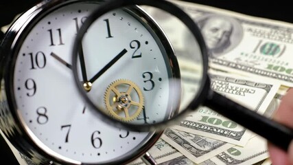 Time and money concept with clock magnifying glass and dollar bills. - Powered by Adobe