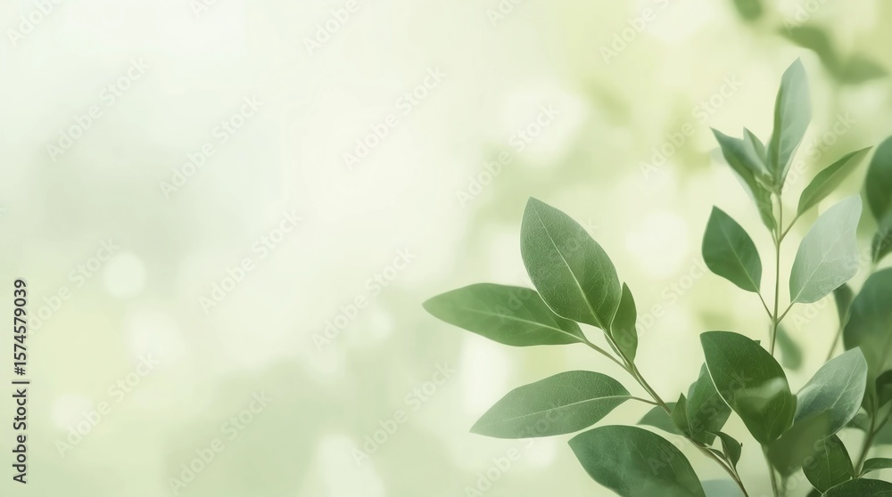 Poster closeup of green nature leaf on blurred greenery background in garden with bokeh and copy space usin