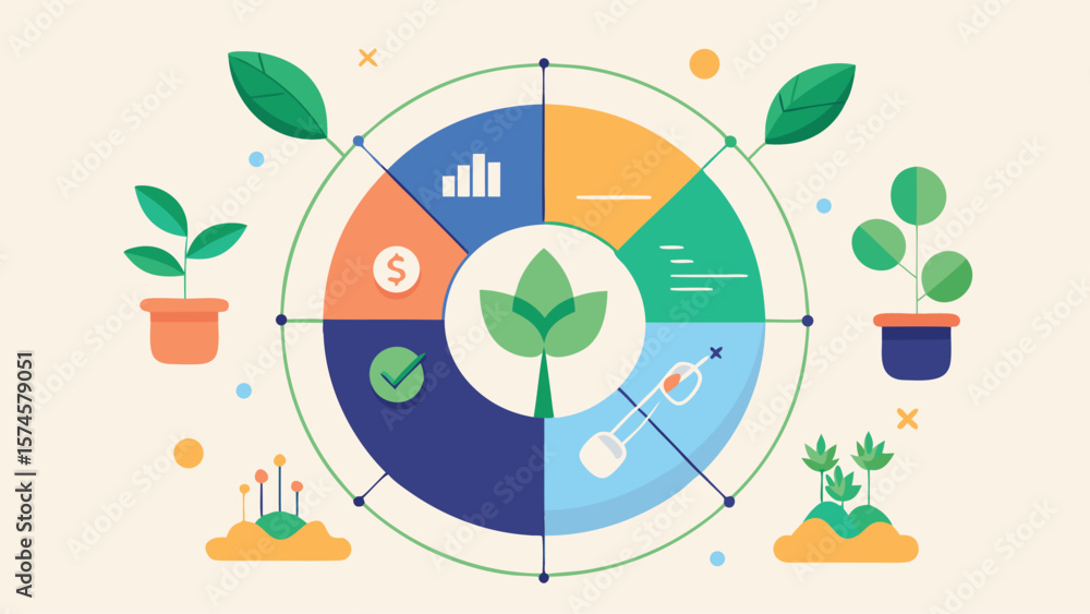 Poster a circular graphic with four sections, each section representing a different aspect of a tree. the s