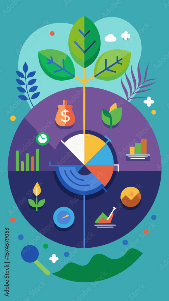 Poster a circular graphic with four sections, each section representing a different aspect of a tree. the s