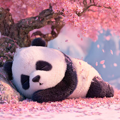 Adorable cartoon panda peacefully sleeping under a blooming cherry blossom tree with pink petals falling gently around
