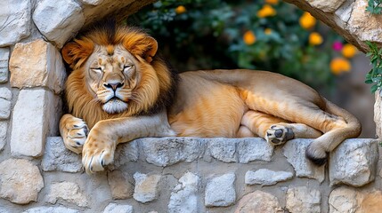 Obraz premium Majestic lion resting in a stone archway.