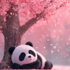 Cute cartoon panda peacefully sleeping under a blooming cherry blossom tree with falling pink petals
