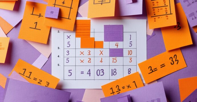 Math problems cover purple surface. Sticky notes display equations, multiplication, numbers. Complex calculations dominate visual space. - Powered by Adobe