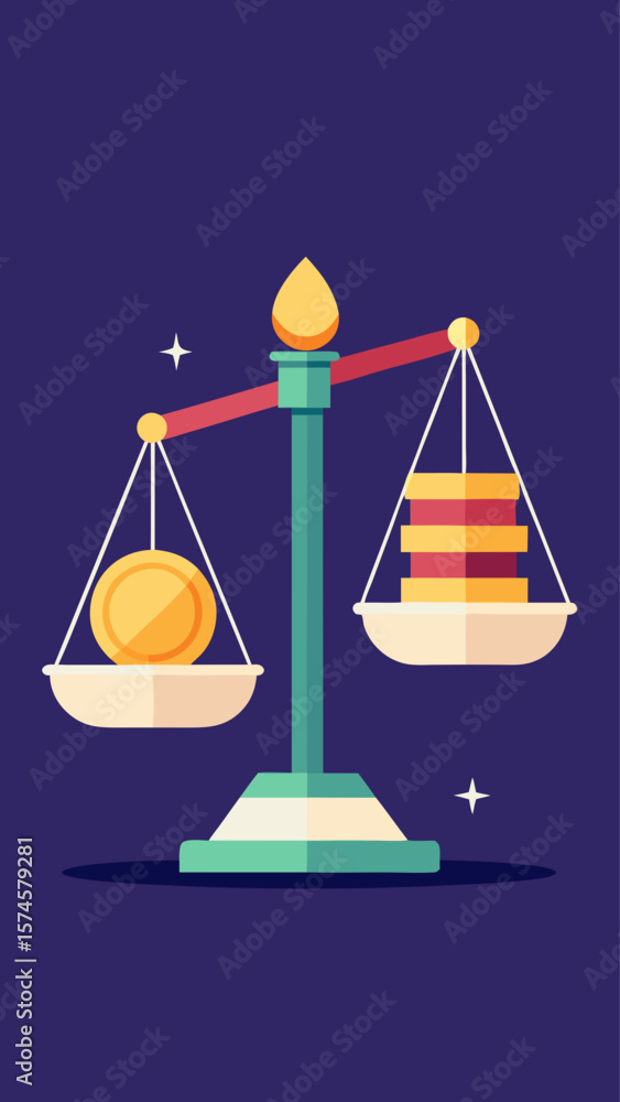 Poster a scale with a coin on one side and a pile of coins on the other. the scale is balanced, but the pil