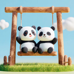 Two adorable cartoon pandas sitting side by side on a wooden swing under a bright sky with fluffy clouds
