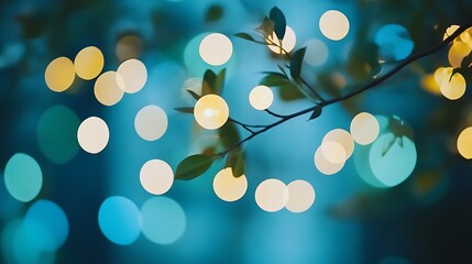 Delicate branch with bokeh lights in teal and gold tones.