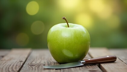 a green apple lying on the table with a knife next to it