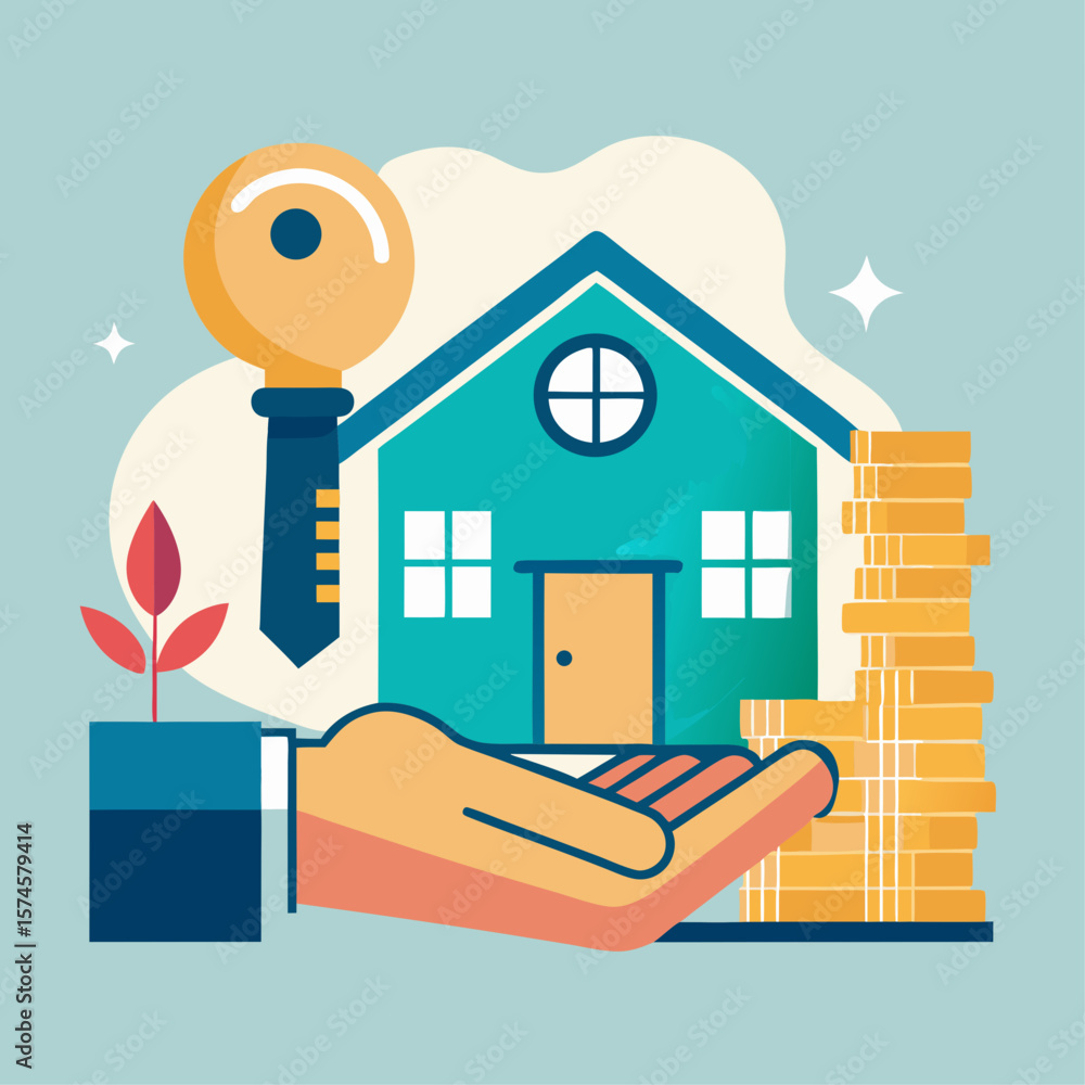 Poster a hand is holding a key and a house with a pile of coins in front of it. concept of financial securi