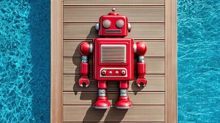 A vibrant red robot stands on wooden decking next to a sparkling blue pool on a sunny day. The scene is playful and colorful.