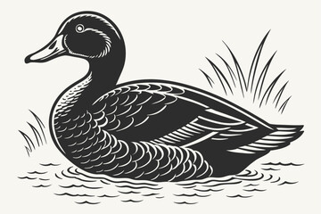 Vintage woodcut style black duck illustration in retro art