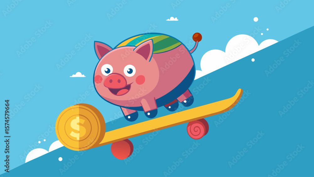 Poster a pig is riding a skateboard with a coin on the ground. the pig is smiling and he is having fun