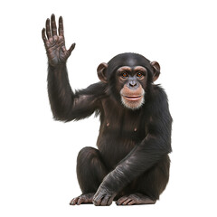 Fototapeta premium Chimpanzee is seated with one arm raised and its palm facing outward against a black backdrop