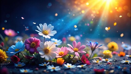 Colorful scattered spring flowers on a dark blue background with soft focus and warm sunlight filtering through the petals