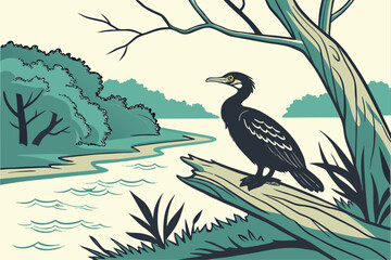 Obraz premium Black duck resting on driftwood in a serene nature scene illustration