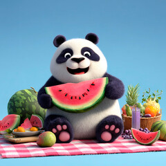 Cute cartoon panda smiling while holding a slice of watermelon during a colorful summer picnic with fruits and juice