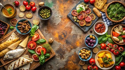Mediterranean-inspired street food on a rustic stone table, picnic , chips,  picnic , chips, falafel, table setting