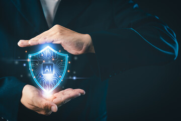 Businessman protects artificial intelligence with a glowing shield symbol, representing AI...