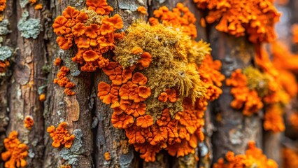Close-up of Bright Orange Wall Lichen on Bark, fungi, orange, fungi, orange, texture, botany, nature, environment, bark, plant
