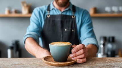A barista serves a beautiful cup of latte art in a cafe setting, offering a warm and inviting atmosphere.