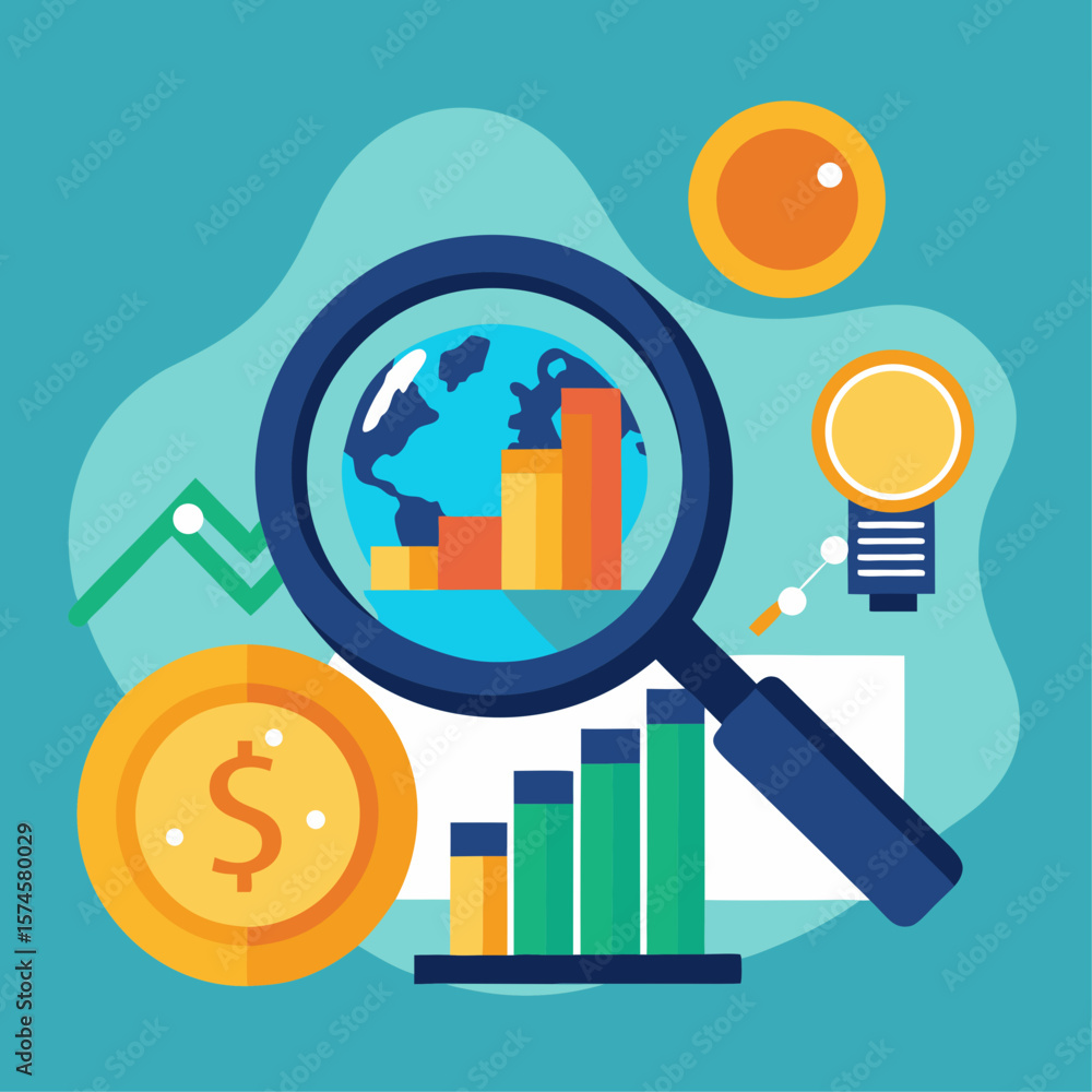 Poster a blue background with a magnifying glass and a coin on it. the coin is labeled with the word 